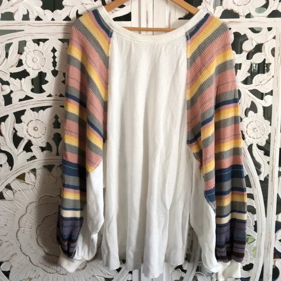 NWT Free People Rainbow Dreams Oversized Pullover Knit Thermal Sweater L